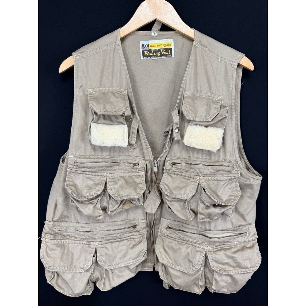 Wild Life Brand Vintage 90s Canvas Multi Pocket Fishing Utility Vest Beige